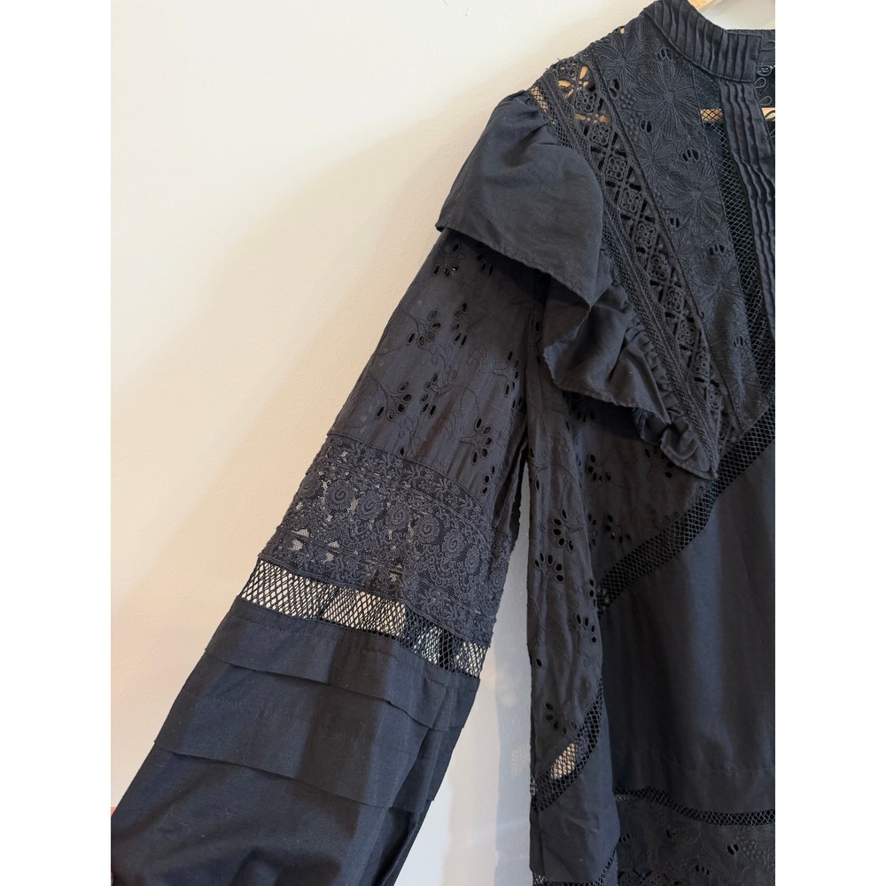 All Saints Prim Broderie Dress Black Eyelet Lace Ruffle Mini US 6 - Picture 4 of 12